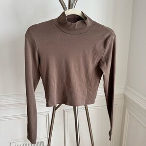 Zara Brown Cotton Turtleneck Long Sleeve Crop Top Medium